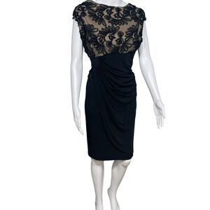 18W Connected Black Embroidered Lace Sheath Plus Size Midi Party Cocktail Dress
